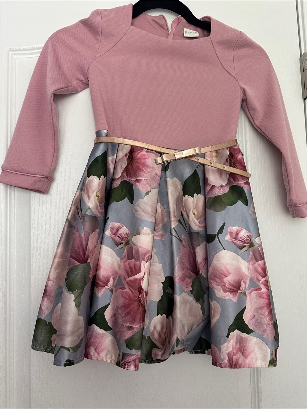 Ted Baker Pink Top with Rose-Print Satin Skirt and Gold Belt